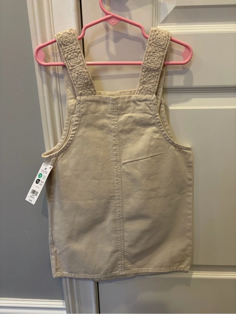OshKosh B'gosh Cream Overall Dress with Floral Appliqués